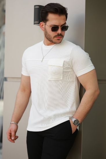 Erkek Cepli Kolyeli Kısa Kollu örme Kumaş T-shirt resmi